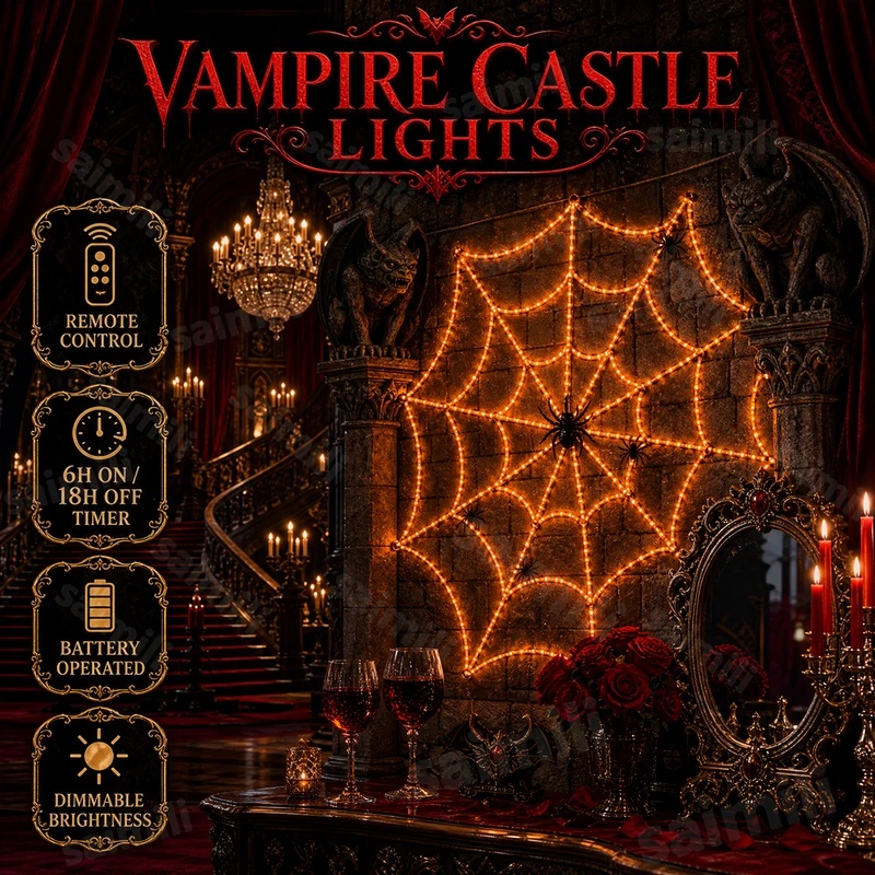 Halloween Led String Lights Orange - Halloween spinnenweb LED-lichtsnoer met spinnendecoratie, oranje