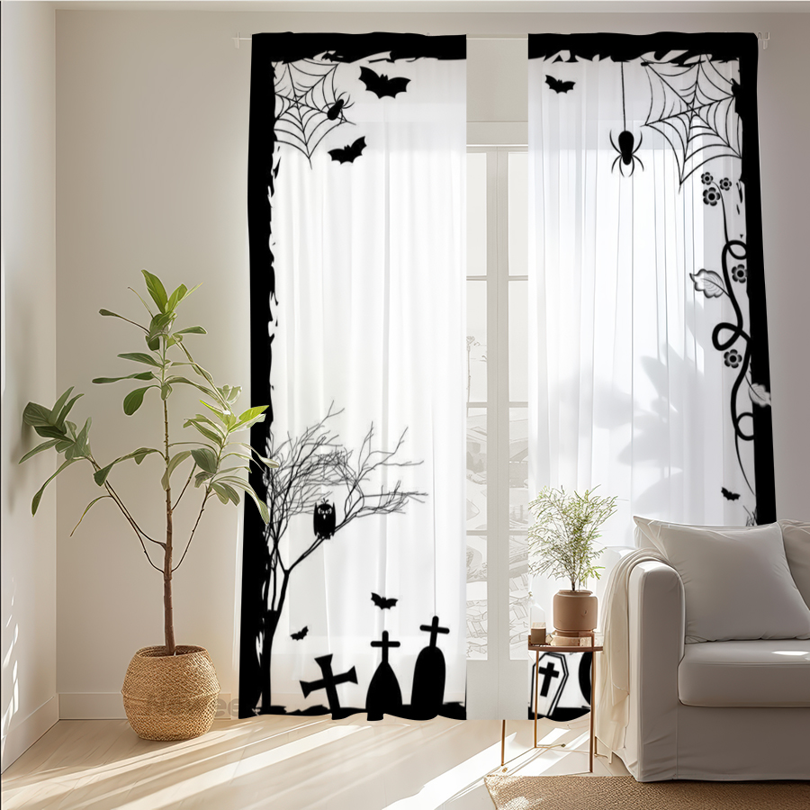 Spider Web Halloween Decoration - 2 STUKS Digitaal bedrukt transparant gordijn,