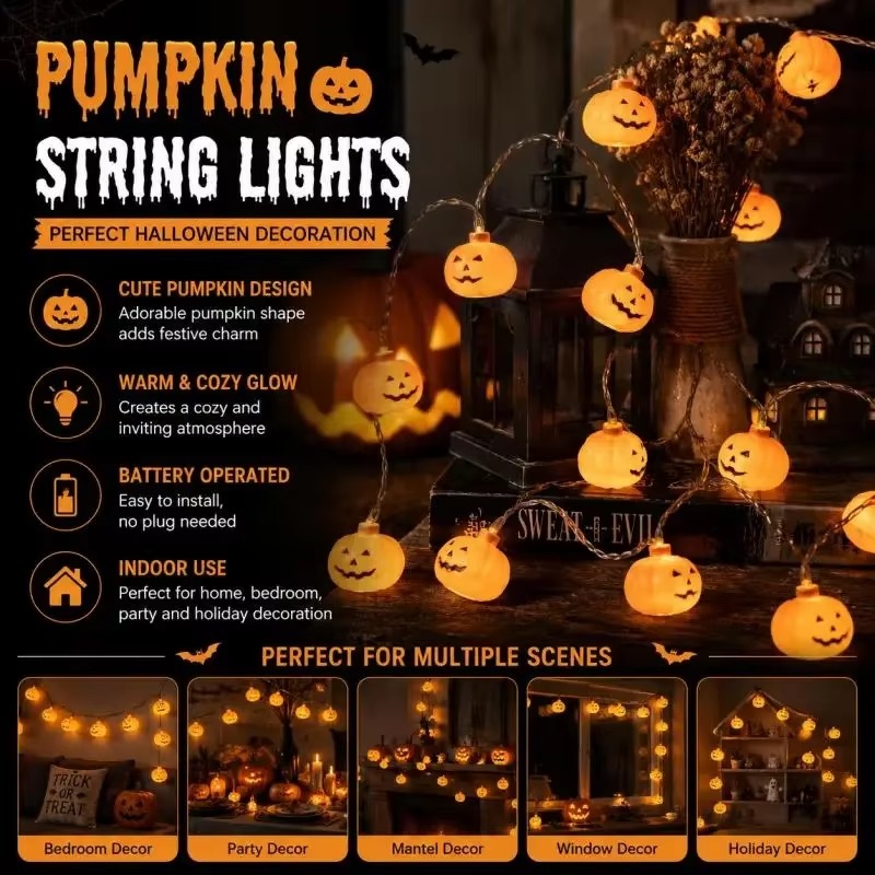 Halloween Pumpkin Decor Led - Halloween Pompoen LED Lichtsnoer op batterijen,